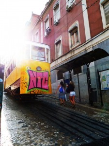 A tram with graffiti in Lisbon